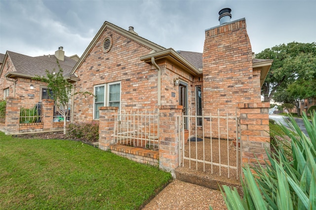 1216 Wooded Trl, Hurst, TX 76053 - view of side of property with a chimney, roof with shingles, brick siding, and a lawn