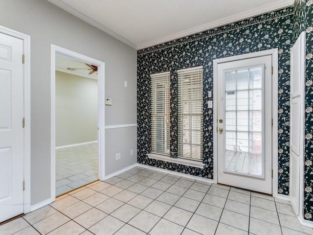 interior space with ornamental molding and light tile patterned flooring