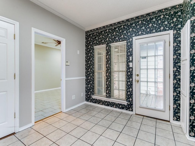 1216 Wooded Trl, Hurst, TX 76053 - spare room featuring ornamental molding, light tile patterned flooring, baseboards, and ceiling fan