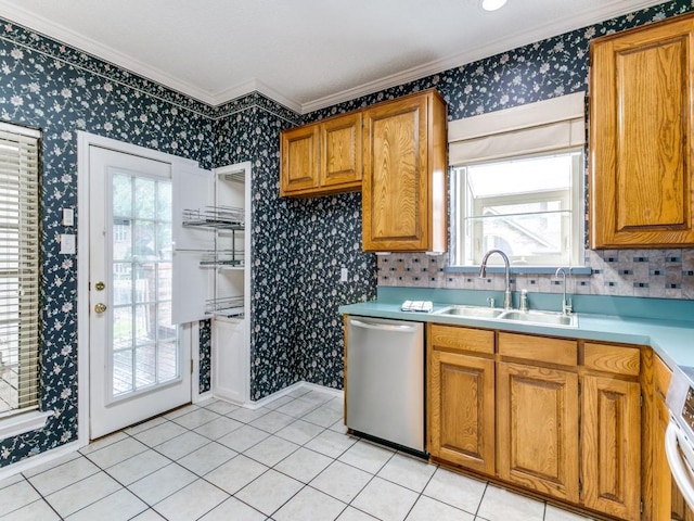 1216 Wooded Trl, Hurst, TX 76053 - kitchen featuring dishwasher, ornamental molding, a sink, wallpapered walls, and brown cabinets