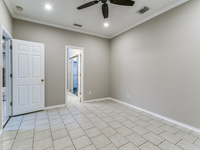 tiled empty room featuring crown molding, a textured ceiling, and ceiling fan