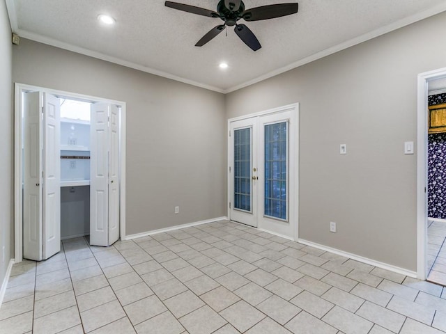 1216 Wooded Trl, Hurst, TX 76053 - unfurnished room with ornamental molding, a ceiling fan, recessed lighting, french doors, and baseboards