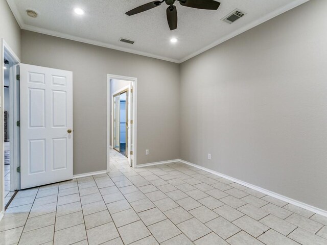 1216 Wooded Trl, Hurst, TX 76053 - unfurnished room with a ceiling fan, crown molding, recessed lighting, light tile patterned floors, and a smoke detector