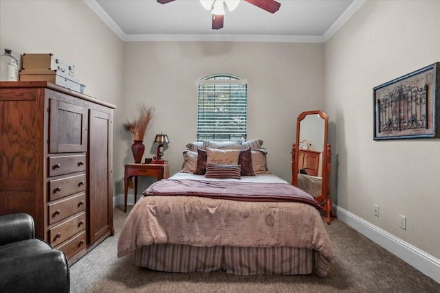 bedroom with ceiling fan, ornamental molding, and light carpet