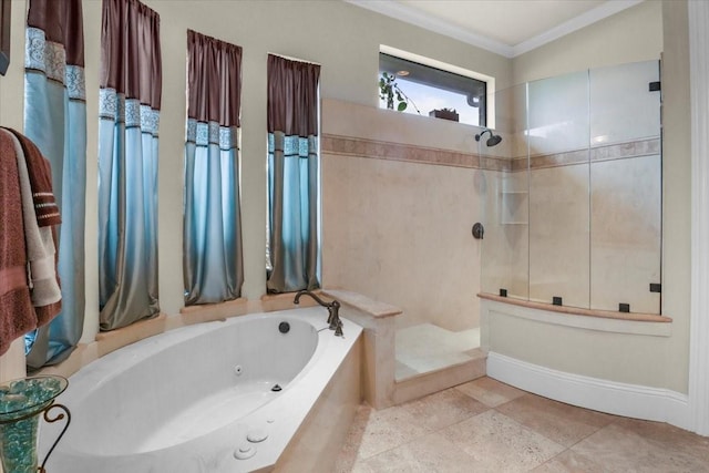 bathroom with crown molding and independent shower and bath