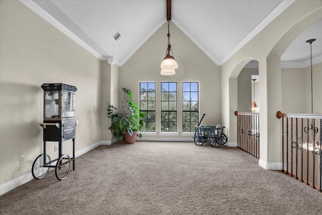 sitting room featuring beamed ceiling, carpet floors, crown molding, and high vaulted ceiling