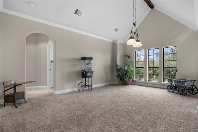 interior space with beam ceiling, crown molding, and high vaulted ceiling