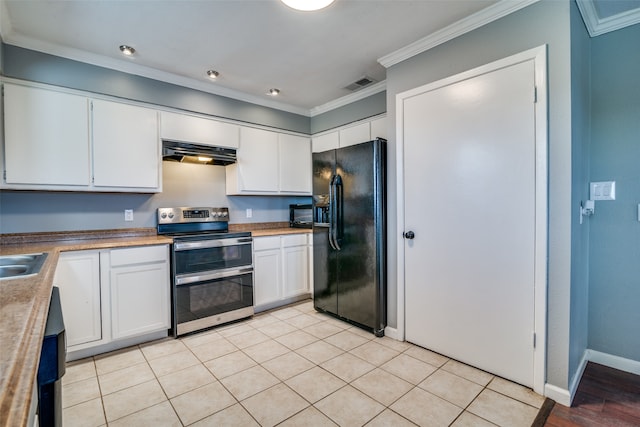 kitchen featuring ornamental molding, electric range, black fridge, and white cabinetry