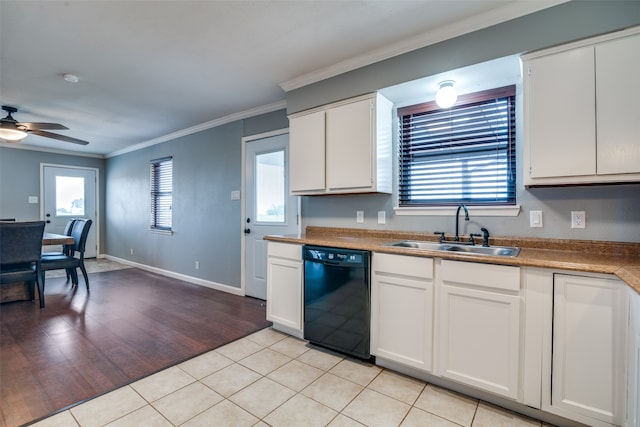 kitchen featuring dishwasher, light hardwood / wood-style flooring, sink, ceiling fan, and ornamental molding