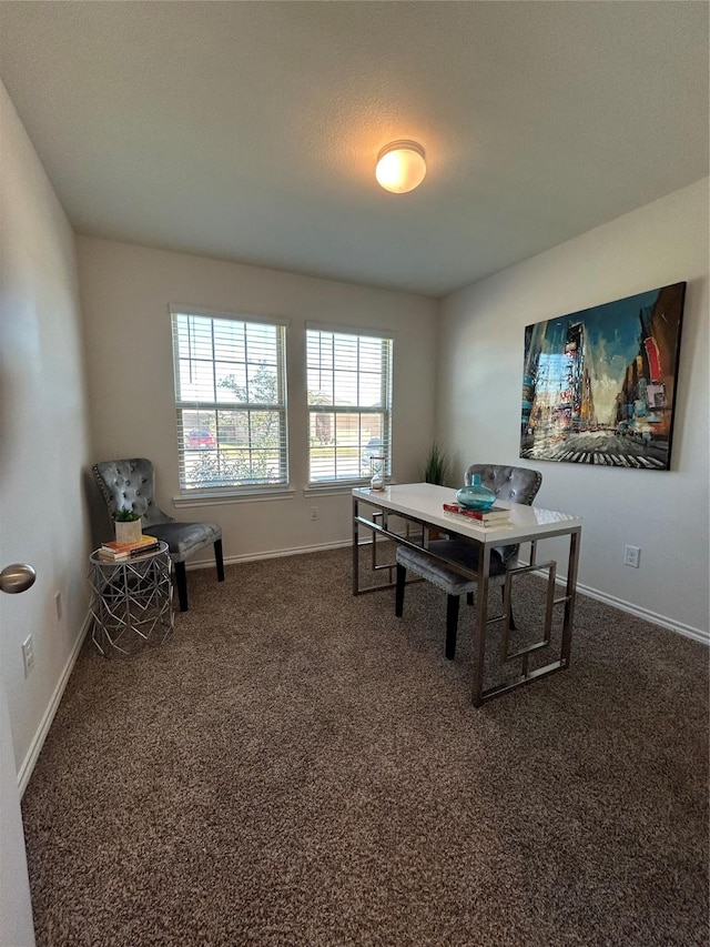 carpeted office space with a textured ceiling