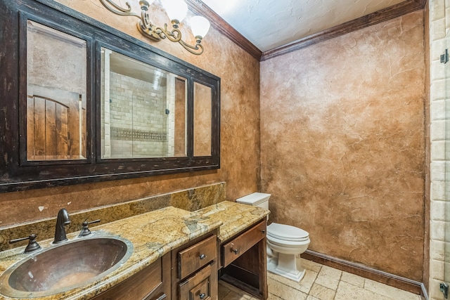 bathroom featuring tasteful backsplash, toilet, crown molding, and vanity