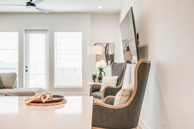 sitting room with ceiling fan and a wealth of natural light