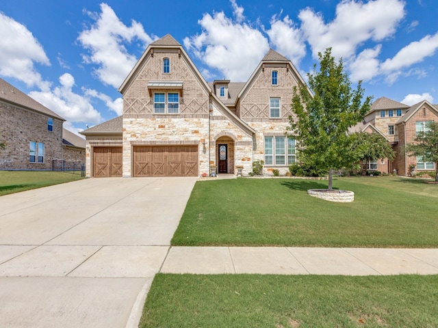 view of front of house with a front yard and a garage