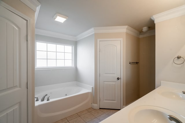 bathroom with vanity, crown molding, a bathtub, and tile patterned flooring