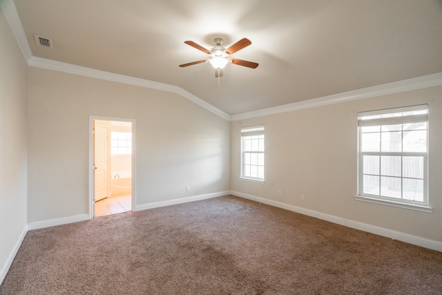 unfurnished room featuring carpet, vaulted ceiling, crown molding, and ceiling fan