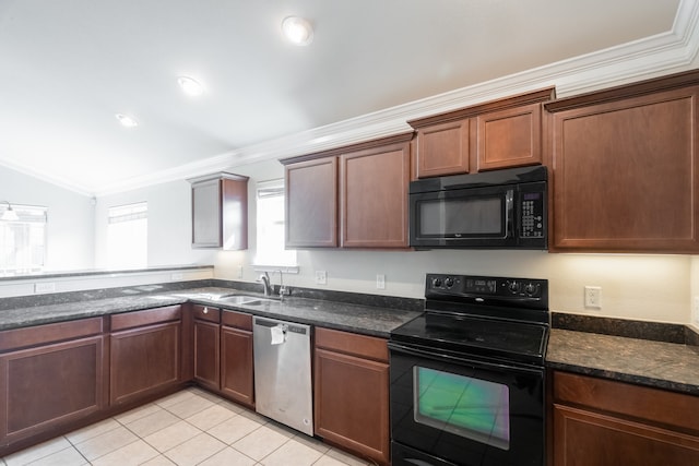 kitchen featuring ornamental molding, black appliances, vaulted ceiling, and sink