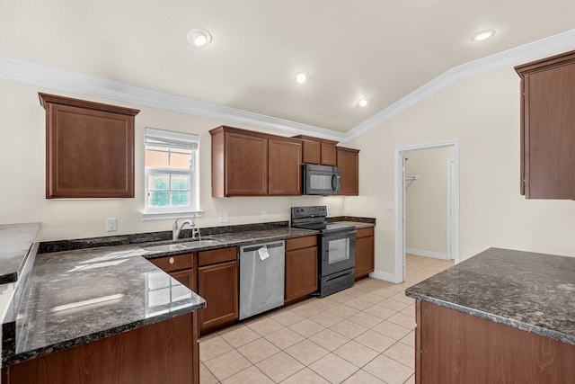 kitchen with black appliances, sink, light tile patterned flooring, vaulted ceiling, and crown molding