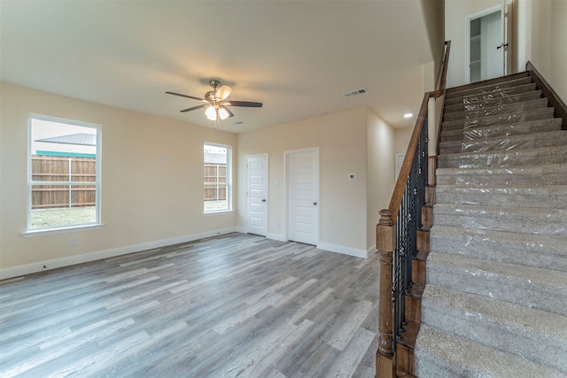 interior space featuring ceiling fan, a wealth of natural light, and wood-type flooring