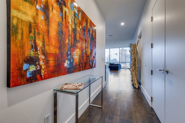 hallway with dark wood-type flooring and a wall of windows