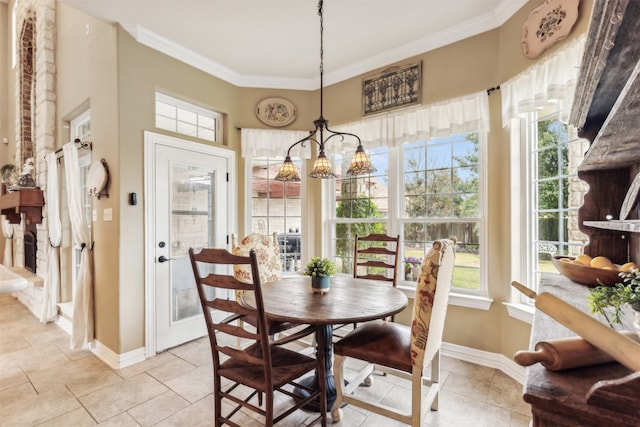 tiled dining room featuring a chandelier and crown molding