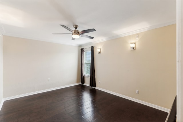 unfurnished room with ornamental molding, dark hardwood / wood-style flooring, and ceiling fan