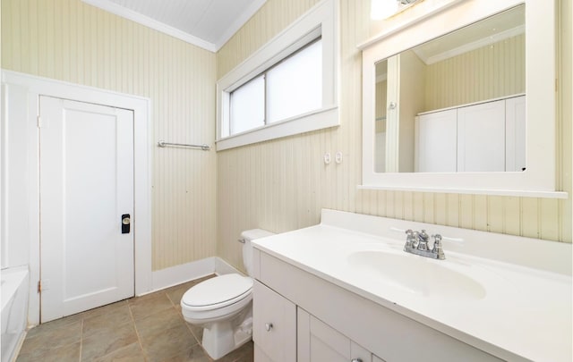 bathroom featuring vanity, ornamental molding, toilet, tile patterned floors, and a shower with curtain