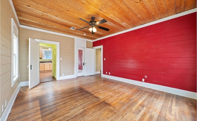 interior space featuring hardwood / wood-style floors, wooden ceiling, and ceiling fan