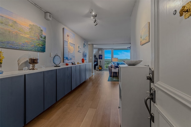 hallway with light hardwood / wood-style flooring and a wall of windows