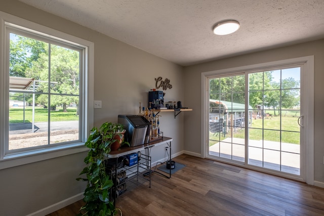 office space featuring a wealth of natural light, hardwood / wood-style flooring, and a textured ceiling