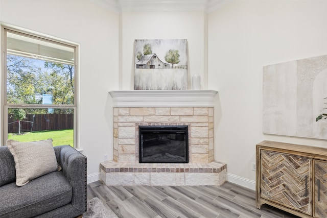 living room with a stone fireplace, crown molding, and light hardwood / wood-style floors