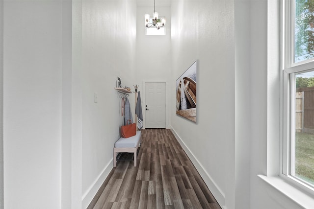 hallway featuring a high ceiling, dark wood-style flooring, and a wealth of natural light