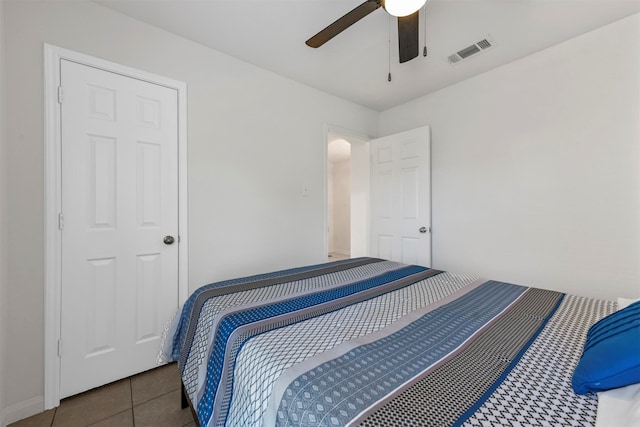 bedroom featuring ceiling fan and tile patterned floors