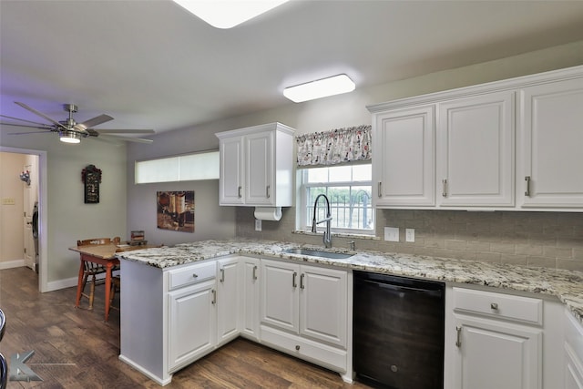 kitchen featuring white cabinets, sink, black dishwasher, dark wood-type flooring, and ceiling fan