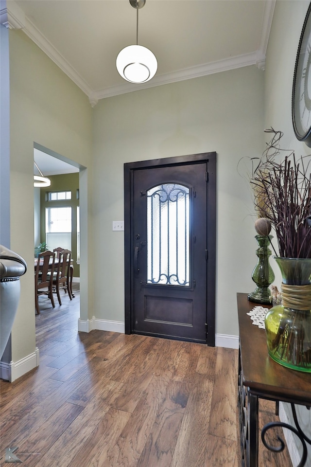 foyer entrance featuring dark wood-type flooring and ornamental molding