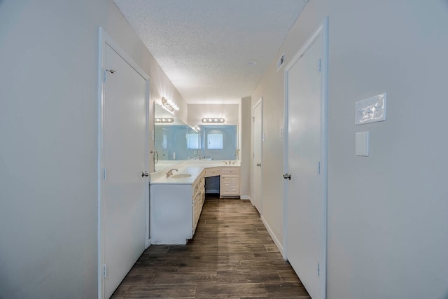 bathroom featuring vanity, a textured ceiling, and hardwood / wood-style flooring