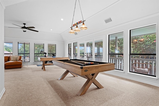 6005 Englishoak Dr, Arlington, TX 76016 - game room featuring carpet floors, billiards table, vaulted ceiling, recessed lighting, and a ceiling fan