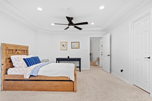 carpeted bedroom featuring crown molding and ceiling fan