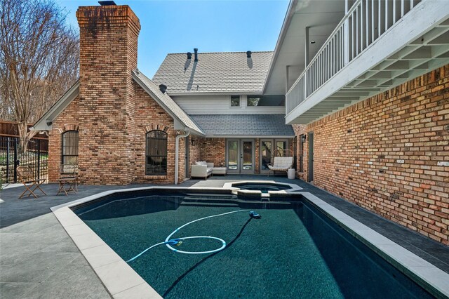 game room featuring pool table, french doors, light colored carpet, lofted ceiling, and ceiling fan