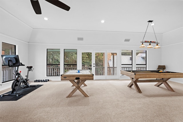 rec room with pool table, french doors, vaulted ceiling, carpet floors, and ceiling fan