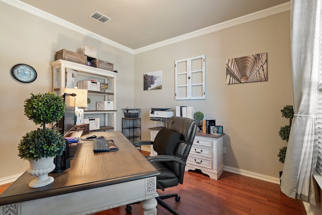 office space featuring dark wood-type flooring and ornamental molding