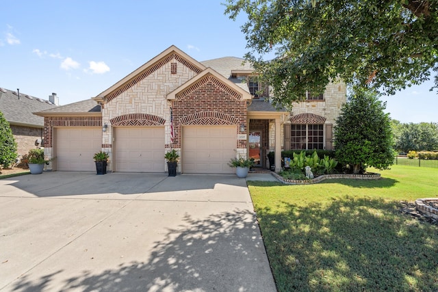 view of front of home featuring a front yard and a garage