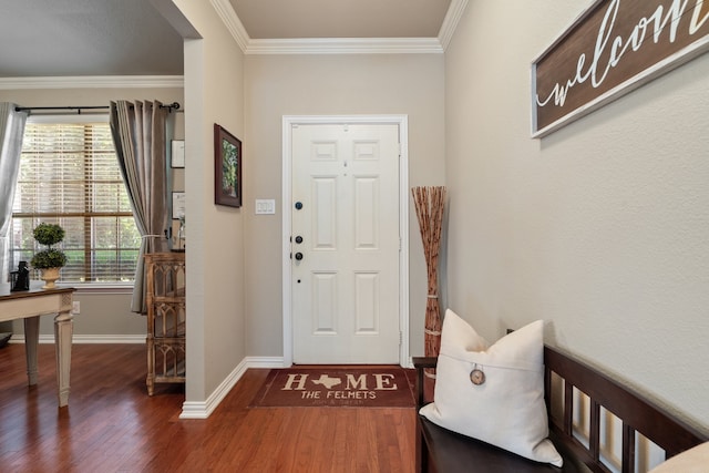 foyer with crown molding and dark wood-type flooring