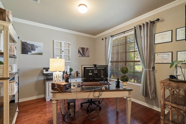 office area with dark hardwood / wood-style flooring, a wealth of natural light, and ornamental molding