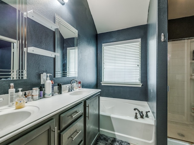 bathroom featuring vanity and plus walk in shower