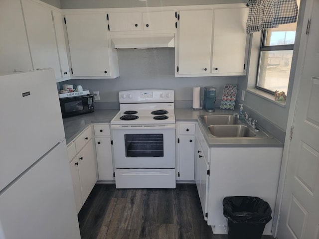 kitchen with white cabinets, white appliances, sink, premium range hood, and dark hardwood / wood-style floors