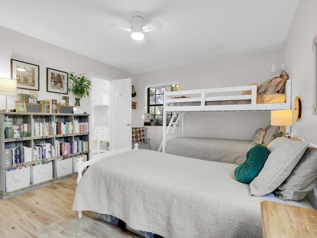 bedroom featuring ceiling fan and light wood-type flooring