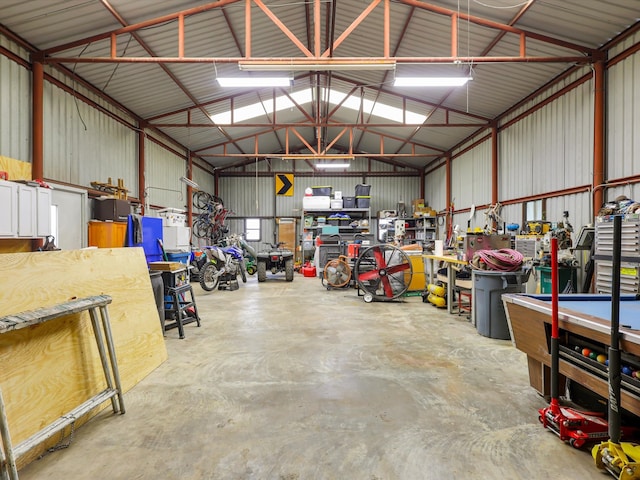 garage with a workshop area