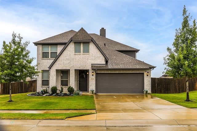 view of front facade with a garage and a front lawn