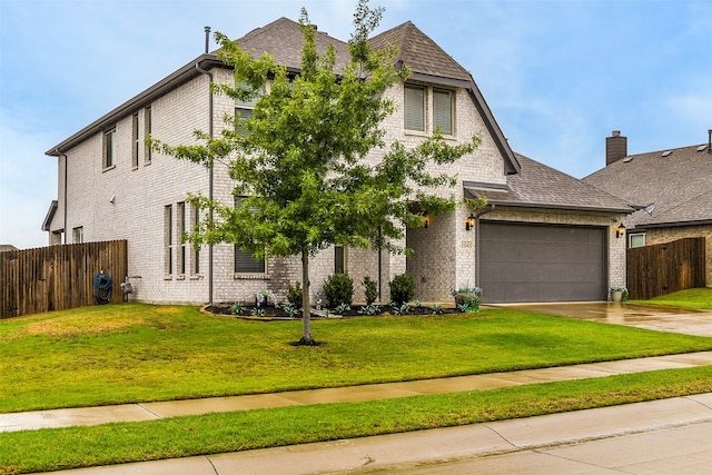 view of front of house with a garage and a front lawn