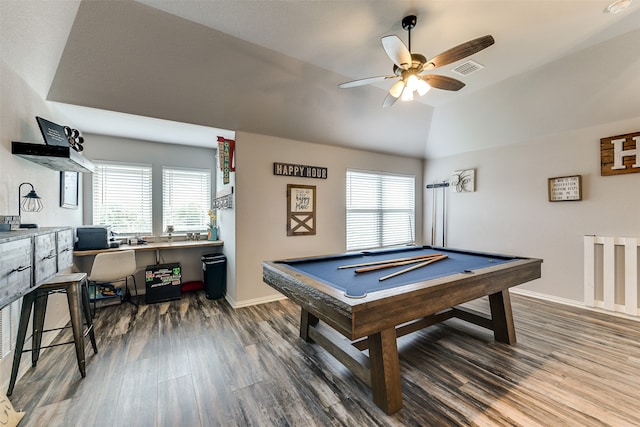 game room with lofted ceiling, a healthy amount of sunlight, billiards, and ceiling fan